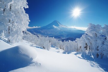 Aufkleber - Majestic view of snow-covered peak and trees under clear blue sky at midday