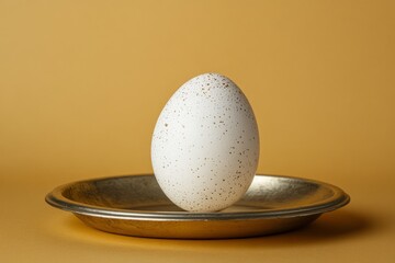 Poster - Unique speckled egg placed elegantly on a golden plate against a warm yellow backdrop