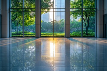 Leinwandbilder - Bright morning light streams through large windows into a modern building lobby surrounded by greenery