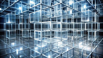 Poster - Abstract White Grid Structure with Transparent Cubes in 3D Space