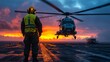 © 99 RIC - Naval Aviation Operations: Helicopter Landing on Aircraft Carrier at Sunset