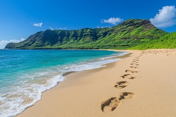 Aufkleber - Footprints on a serene beach with lush green mountains under a clear blue sky at midday