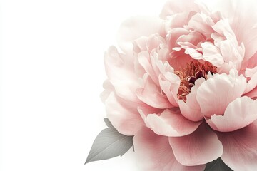 Poster - Delicate pink peony flower with soft petals and green leaves in a minimalist design