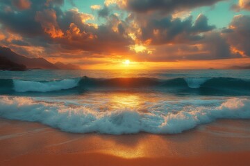 Aufkleber - Vibrant sunset over ocean waves at a tranquil beach with colorful sky in the evening