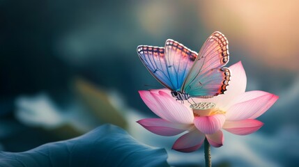 Aufkleber - A butterfly with iridescent wings gracefully perched on a blooming lotus flower in a tranquil garden.