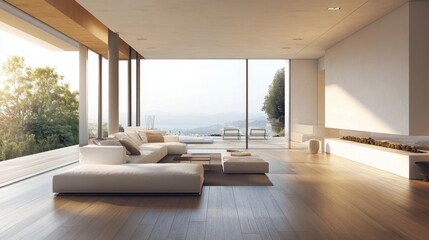 Poster - A chic minimalist living room with a large open window, white furniture, and warm wooden flooring.