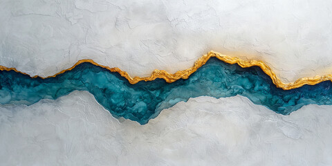 Poster - Abstract art with flowing blue wave and gold accents on textured white background