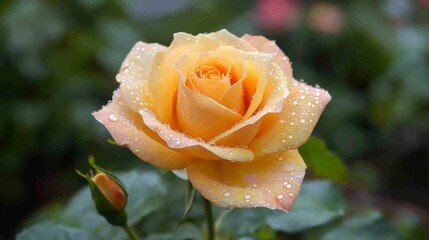 Poster - A close-up of a blooming rose with dew drops delicately resting on its petals, showcasing the intricate layers and vibrant color, symbolizing beauty and freshness.