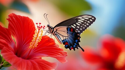 Poster - A close-up of a butterfly with intricate wing patterns hovering over a bright red hibiscus flower.