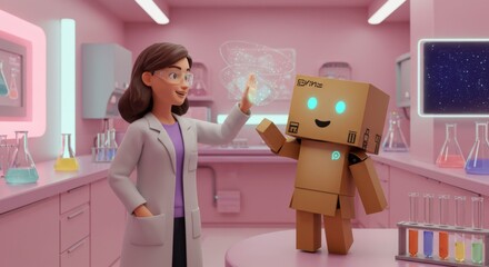 Wall Mural - innovative cardboard robot and scientist in futuristic pink laboratory for stem education
