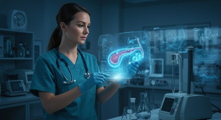 Wall Mural - healthcare professional interacting with futuristic medical technology in laboratory setting