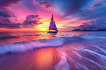 Aufkleber - Sailboat gliding through waves at sunset with vibrant colors in the sky over the ocean