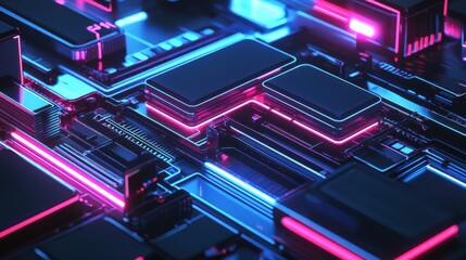 Wall Mural - Futuristic Circuit Board Artwork with Neon Lights and Colors