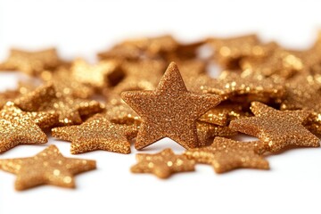 Poster - Golden glitter stars scattered on a white surface for creative decoration and craft projects