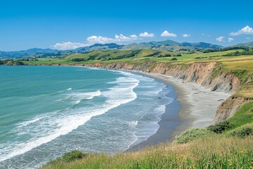 Aufkleber - Coastal landscape at sunny day with gentle waves and green hills in the background