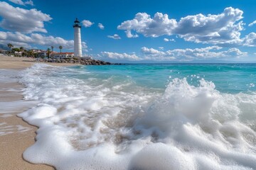Aufkleber - Beautiful waves crashing on a sandy beach near a lighthouse under a bright sky with fluffy clouds