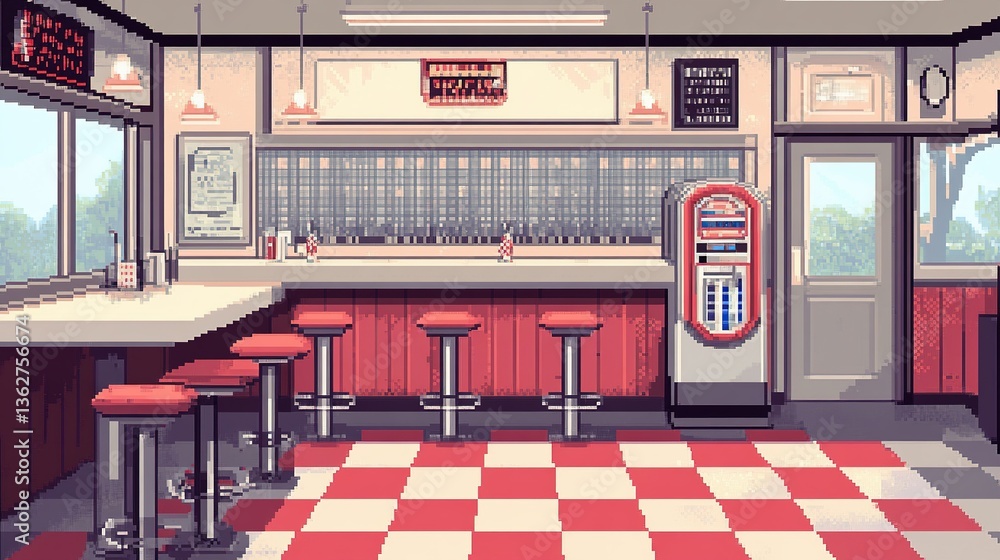 Create a pixel art of a charming small-town diner, with checkered ...