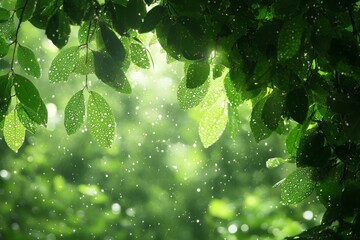 Poster - Rainwater droplets cascade from vibrant green leaves in a serene forest setting during a peaceful afternoon