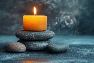 Poster - Decorative orange candle on stacked stones creating a calming atmosphere for relaxation and mindfulness practice