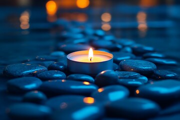 Poster - Candlelight glow on smooth stones creating a serene ambiance in a calm water setting at dusk