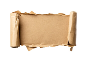 Wall Mural - torn brown paper scroll on transparent background, flat lay view