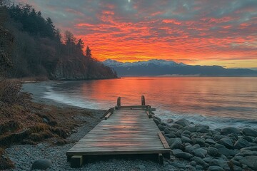 Aufkleber - Stunning sunset over the water with a wooden dock and rocky shoreline in a coastal landscape