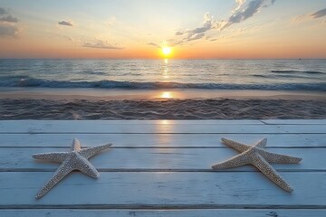 Aufkleber - Stunning sunset over calm ocean with starfish on the beach seen in early evening
