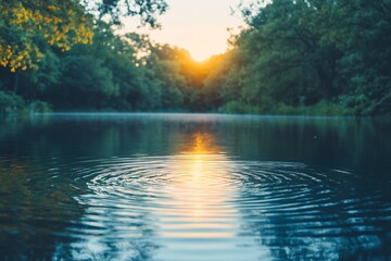 Poster - Calm water reflecting the warm glow of sunset amidst lush greenery in a serene natural setting