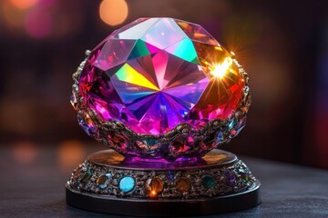 Poster - Colorful gemstone orb sits on decorative stand, radiating light in a softly lit setting during an evening gathering