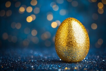 Poster - Golden glittering egg displayed on sparkling surface against a blurred festive background during a joyful celebration