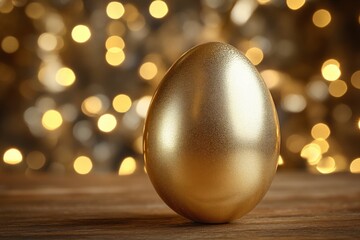 Poster - Golden egg displayed on a wooden surface with blurred festive lights in the background during a celebration