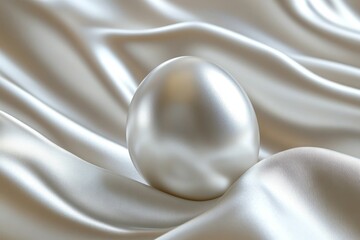 Aufkleber - Elegant pearl-like egg resting on soft silk fabric in a serene, light-filled setting