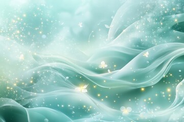 Poster - Soft waves of pastel colors with delicate butterflies and sparkling lights create a serene atmosphere in a dreamlike landscape
