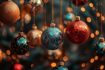 Poster - Beautifully decorated Christmas ornaments hanging in soft golden lights during the holiday season