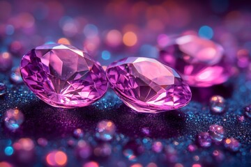 Poster - Beautifully cut pink gemstones sparkle on a shimmering surface with colorful bokeh
