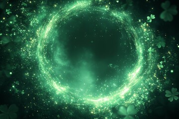 Aufkleber - Green glowing circular pattern with shimmering stars and shamrocks creating a mystical atmosphere for festive celebrations