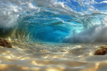 Aufkleber - Waves crash into the shoreline, creating an underwater view in a tropical paradise during bright daylight hours