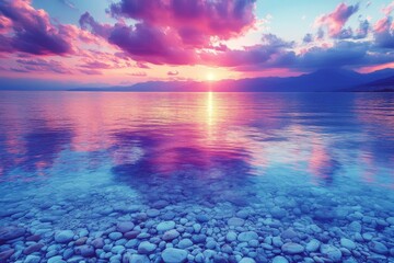 Poster - Colorful sunset over calm waters reflecting hues of pink, purple, and blue near a rocky shoreline