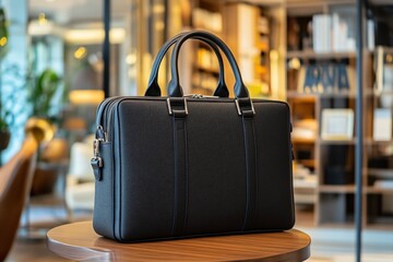 Aufkleber - Elegant black briefcase displayed on a polished wooden table in a modern office setting during the afternoon light