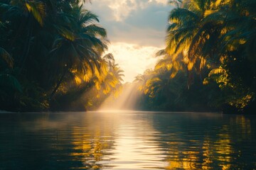 Fototapete - Sunrise over a serene river surrounded by lush palm trees in a tropical landscape