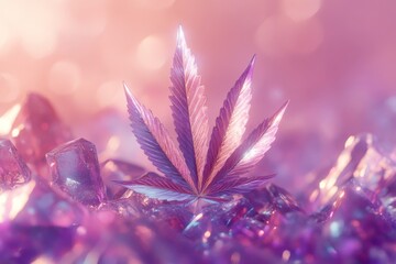 Fototapete - Colorful cannabis leaf resting on sparkling crystals under soft light at a mystical setting