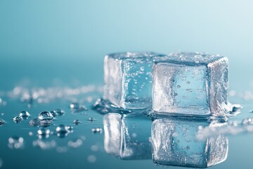Poster - Ice cubes resting on a glass surface with droplets reflecting soft light in a tranquil setting