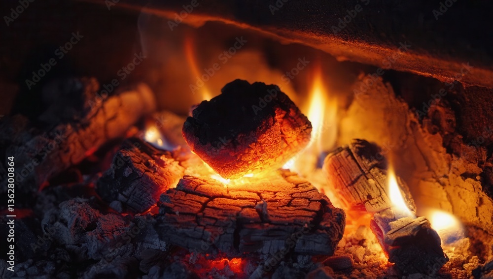 Glowing embers and fading flames in a dying fire, cozy, heat, fire ...