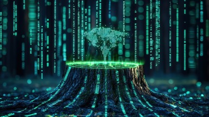 A high-tech display of environmental data projected over a tree stump, symbolizing digital sustainability.