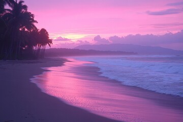 Aufkleber - Sunset view over the tranquil beach with pink skies and gentle waves in a tropical landscape
