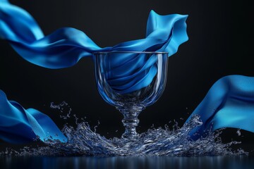 Aufkleber - Swirling blue fabric and water splash create dynamic composition around elegant glass