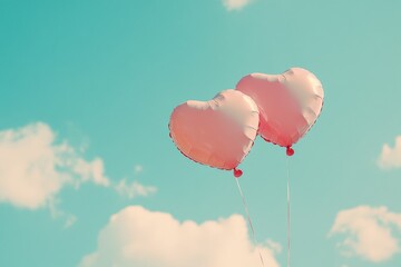 Aufkleber - Heart-shaped balloons float in a bright blue sky on a sunny day filled with fluffy clouds