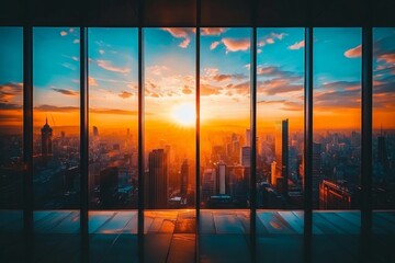 Poster - Vibrant sunset over a city skyline viewed through glass windows during the evening