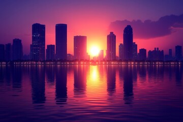 Aufkleber - City skyline at sunset reflecting on calm water with vibrant colors and silhouettes of buildings