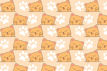 seamless cute cat pattern with happy orange kittens and white paw prints on a warm beige background.
